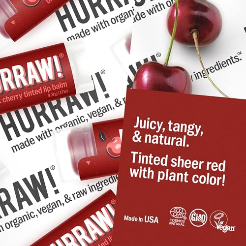 Hurraw! Black Cherry Tinted Lip Balm: (Sheer Red Tint) Organic, Certified Vegan, Cruelty and Gluten Free. Non-GMO, 100% Natural Ingredients. Bee, Shea, Soy and Palm Free. Made in USA