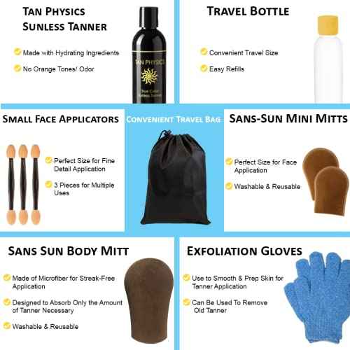 Tan Physics Self Tanner ? 11pc Sunless Tanning Kit with True Color Tanner, Exfoliation Gloves, Travel Bag & Bottle, Face & Body Mitts, Detail Applicator for a Flawless Glow