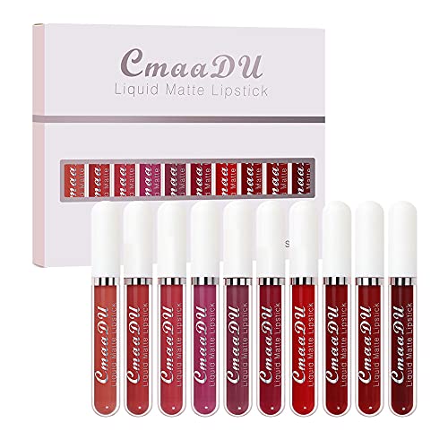 evpct 10Pcs Liquid Matte Matt Lipstick Set for Black Women, Dark Deep Bright Ruby Sexy Brick Mauve Plum Red Violet Purple Matte Lipstick Long Lasting Lipstick 24 hour Waterproof Lip Gloss