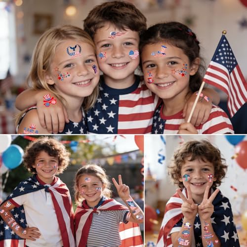 4th of July Temporary Tattoos for Kids, 20 Sheets 90+ Patriotic Designs