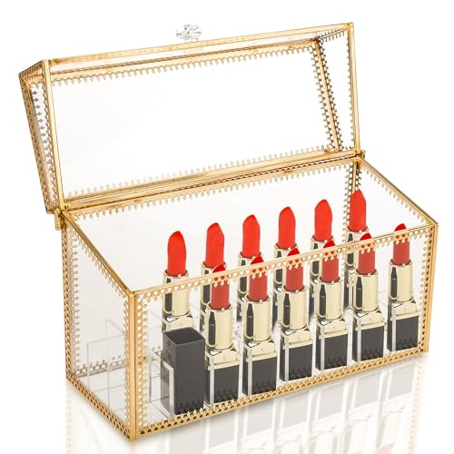 HighFree 24 Slots Glass Lipstick Organizer - Gold Vintage Transparent Display Box With Lid & Removable Dividers for Lip Gloss