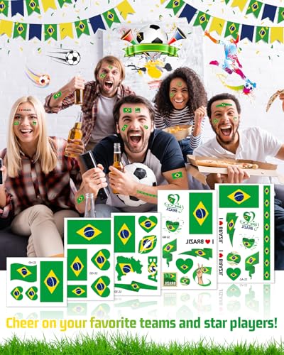 104 PCS Brazil Flag Temporary Tattoos - Waterproof Soccer Face Stickers