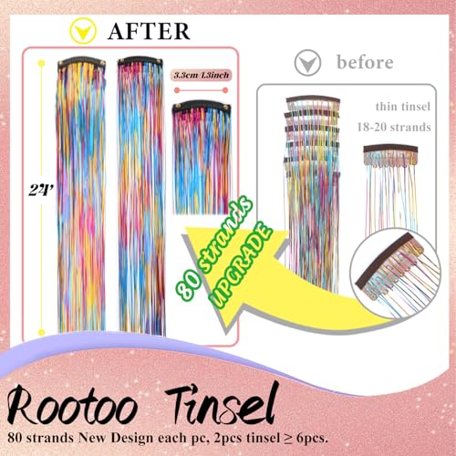 Hair Tinsel Clip-In Extensions, 12 Pcs 24 Inch Rainbow
