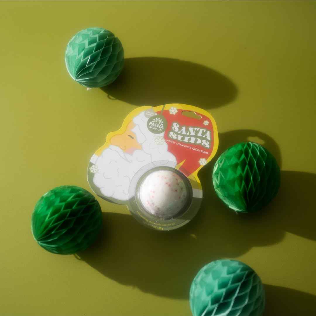 PACHA SOAP Co. Holiday Bath Bomb Card 3 Pack, Santa Suds - Scents of Honey Chamomile, Moisturizing, Naturally Derived & Handcrafted in The USA, Christmas Stocking Stuffer