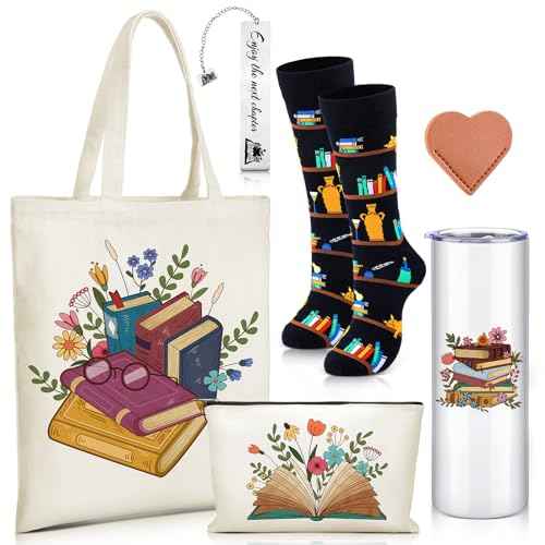 6 Pcs Book Lover Gifts for Women Readers Canvas Bag Back to School Reusable Canvas Bag Tumbler Bookmark for Women Reading Librarian Bookworm Kitchen Library Club Bookish Gifts