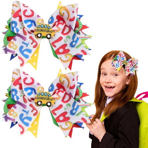 2Pcs School Bows for Girls, Back To School Hair Accessories, Cute Back To School Ribbon Bow Bus Designs Bows Hair Clips for Baby Girls' First Day of School Students Hair Decoration