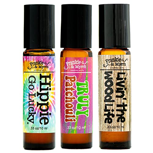 Frankie & Myrrh Patchouli Essential Oil Roll On Perfume Trio | Natural Coconut Oil Roll On Pack of 3 | Vanilla, Grapefruit, Dark Aged Patchouli