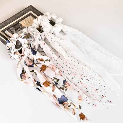 4-Piece Satin Hair Scarf Scrunchies for Women Girls, No Damage Cute Hair Ties with Bow Ribbons Ponytail Holders Elastic Rubber Bands (White Flower)