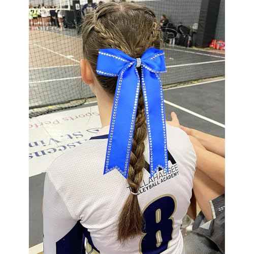 DEEKA Long Tail Rhinestones Cheer Bows 12 PCS Collegiate Style Full Rhinestone Skinny Ponytail Holder Handmade for Girls Teens Cheerleader Sports (Royal Blue)