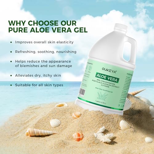 OUKEYA 1 Gallon, Aloe Vera Gel ? Soothing, Hydrating, and Nourishing for Face & Body | 98% Natural Aloe Vera, Pure & Organic for After Sunburn Relief, Skincare & Hair Hydration, Calming Moisturizing