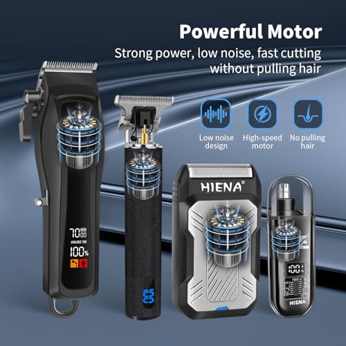 HIENA PRO Cordless Hair Clippers for Men, Professional Barber Kit - Beard Trimmer, Aluminum Foil Shaver, Nose Trimmer, 10 Limit Combs - Fast Charge, Smart LED Display (Clippers/Trimmer)