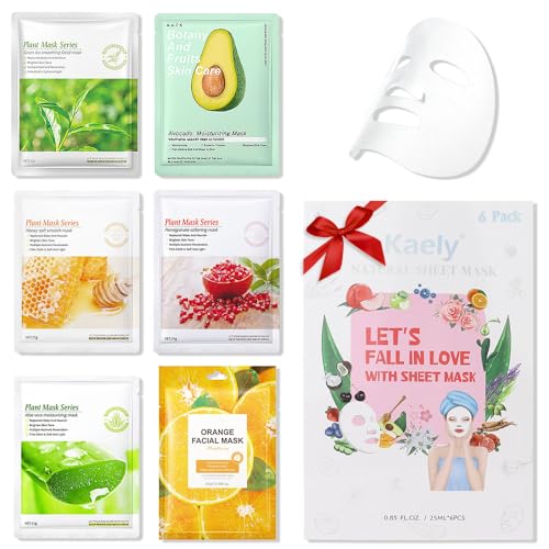 Kaely 6 Pack Hyaluronic Acid Sheet Masks,Hydrating Smoothing Face Masks for Women Men,Facial Mask Skin Care Korean,Moisturize,Brighten,Nourish for All Skin Types,Birthday Christmas Gifts,Set08