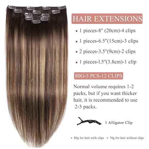 Clip in Hair Extensions Real Human Hair Extensions 20 Inch Human Hair Clip in Extensions Balayage Chocolate Brown to Caramel Blonde Clip ins for Women Remy Human Hair Extensions #4/4/27 80g 5pcs