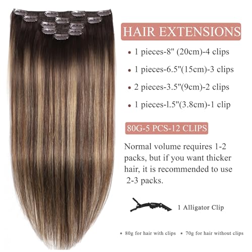 Hair Extensions Real Human Hair Clip in Hair Extensions Remy Human Hair Clip ins Balayage Chocolate Brown to Caramel Blonde Straight Real Hair Extension for Women 18 Inch 80g/5pcs Soft Silky
