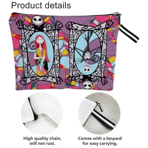 Portable Jack & Sally Themed Makeup Bag, Before Xmas Nightmare Cosmetic Bag, Jack Skellington & Sally Portable Travel Cosmetic Organizer- Cotton & Linen, Water-Resistant, 9.8x7 Inches