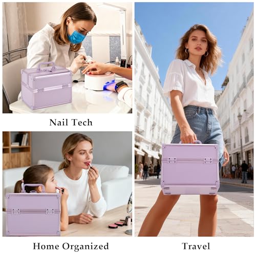 Makeup Train Case with Mirror - 2-Tray Purple Cosmetic Organizer