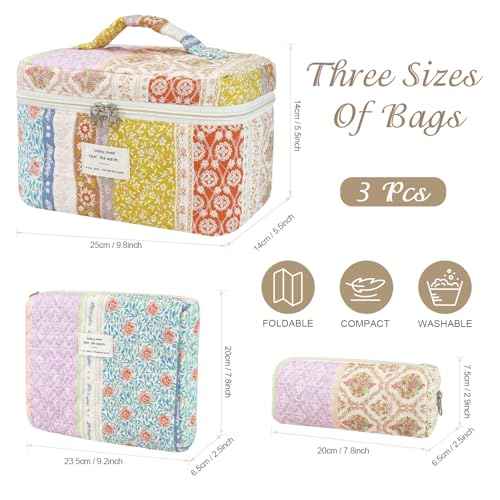 3Pcs Cotton Quilted Makeup Bag for Women Girls, Large Floral Cosmetic Bag Set Cute Makeup Brushes Aesthetic Accessories Storage Bag Travel Toiletry Bag Organizer for Women