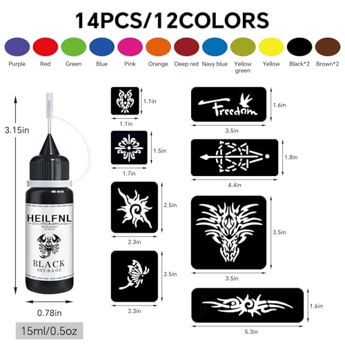 Temporary Tattoo Kit - 14 Ink Colors, 132 Stencils, 5-7 Day Wear