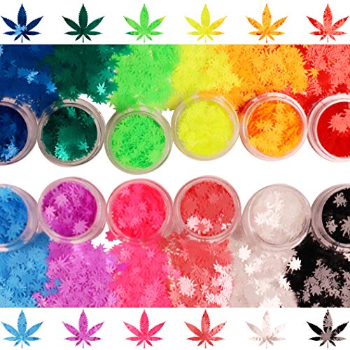 12 Pack - Matte Rainbow Leaf Glitter - Solvent Resistant & Cosmetic Grade - Face Body Nails Resin Arts & Crafts, Tumblers, Bath Bombs, Resin - Weed Pot Marijuana Leaf