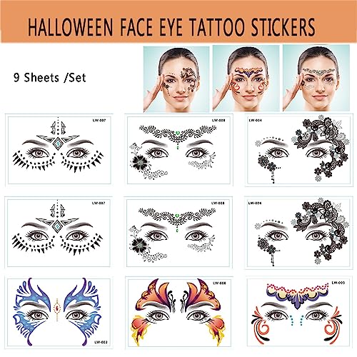 9-Pack Temporary Face Tattoo Stickers - Waterproof Eye Lace