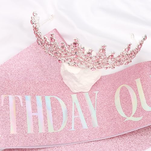 Pink Rhinestone Birthday Crown & Sash Set for Women