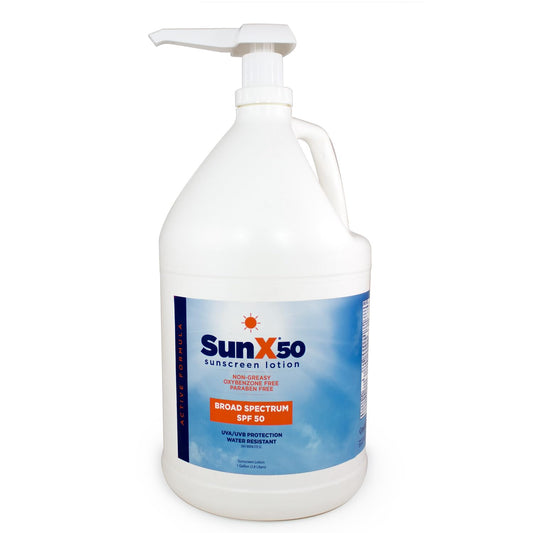 CoreTex Sun X 50 SPF Sunscreen Lotion (1 Gallon Jug & Pump) - Free of Parabens, Oxybenzone, & Octinoxate - Oil Free, Broad Spectrum (UVA/UVB) Sunscreen - Water & Sweat Resistant up to 80 Min.