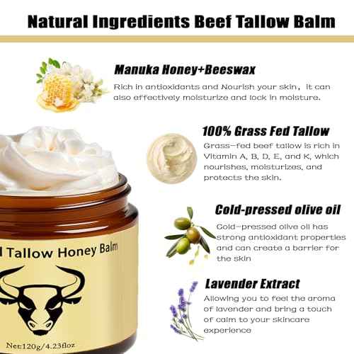 Beef Tallow for Skin - Lopeie Whipped Tallow Honey Balm, Lavender, Deep Moisturization, Natural Hydrating Cream, Relief for Dry & Sensitive Skin 2.11oz