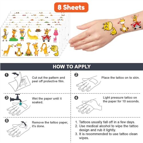 Generic Giraffe Temporary Tattoos Birthday Party Supplies Favors Decorations Super Cute 96PCS Fake Tattoos Stickers for Boys Girls School Classroom Rewards Gifts Ideal
