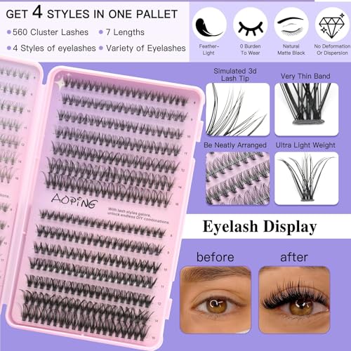 Lash Clusters Kit 560Pcs D Curl False Eyelashes with Tools Set