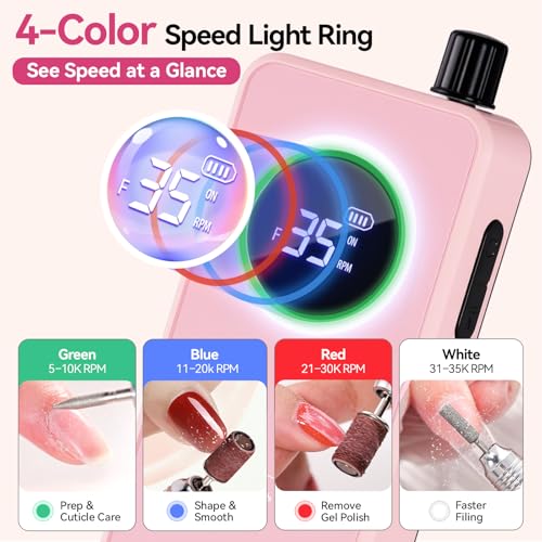Makartt Pink Cordless Nail Drill for Beginners - Safe, Adjustable RPM, Rechargeable E-File