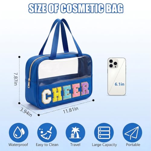 Cheer-Navy Blue Chenille Patch Clear Cosmetic Bag by Kryzmet – Waterproof Travel Organizer