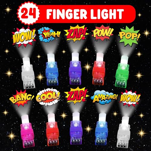 72 PCS Hero Party Favors - 48 PCS Tattoos & 24 PCS LED Finger Lights Combo - Birthday Goodie Bag Fillers, Light Up Toys for Boys and Girls, Party Supplies for Kids