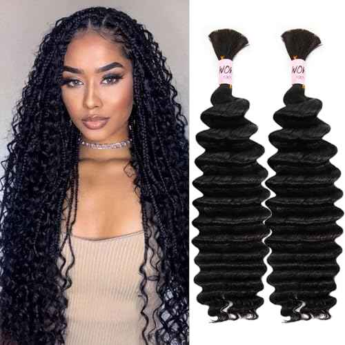 Human Braiding Hair for Boho Braids, 100 Percent Wet and Wavy Human Hair for Boho Knotless 12A Deep Wave Boho Human Braiding Hair Curly Hair Extensions 100g 2 Bundles Natural Color