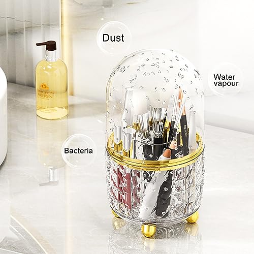 Makeup Brush Holder with Dustproof Lid, 360¡Æ Rotating Makeup Organizer, Spinning Cosmetic Organizer Pen Holder for Vanity Bathroom (Clear Gold)