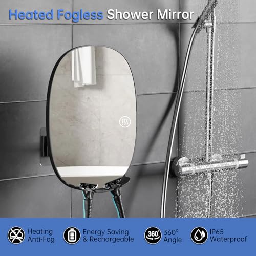 COSMIRROR Heated Shower Mirror Fogless for Shaving, Fog Free Shaving Mirror with 2 Razor Holders, Rechargeable No Fog Mirror for Shower, 360¡Æ Adhesive Mounted Steam Free Shower Mirror Without Light
