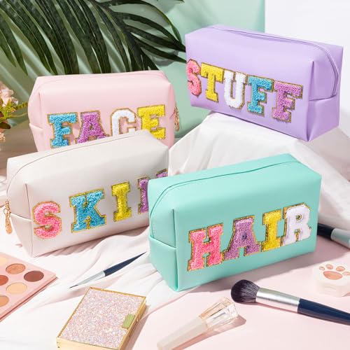 ZAUGONTW 4Pcs Large Cosmetic Bag Preppy Makeup Bag Chenille Letter, PU Leather Waterproof Travel Organizer Hair Bags with Nylon Zipper Patches Makeup Organizer Bags Set for Women Girls