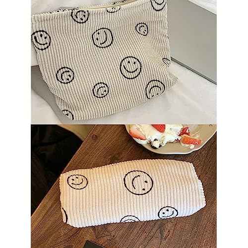 3 Pieces MakeUp Bag Cosmetic Bag,Travel Makeup Bag Set,Cute Smiley Corduroy Make Up Purse with Zipper,Beige White Pencil Pouch,Small Makeup Pouch,Aesthetic Preppy Stuff