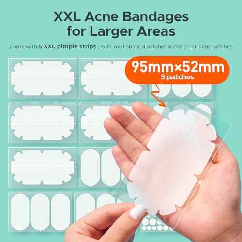 XXL Pimple Patches for Body, Large Hydrocolloid Acne Patches, 5 Sizes Big Hydrocolloid Bandages for Back, Chest, Shoulders Zit Breakouts, Blemish Patch for Face (Oval, Dot 260 Count)