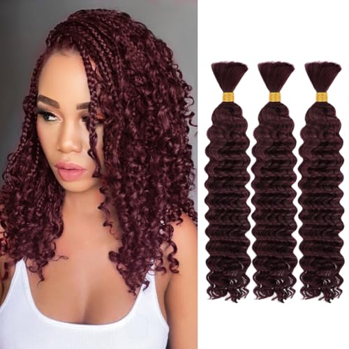 Human Braiding Hair, 3 Bundle 150g 16 Inch Boho Braids Human Hair 10A Deep Wave Bulk Brazilian Virgin No Weft Wavy Hair Extension for Boho Knotless Bohemian Micro Braid Bulk for Braiding 99J