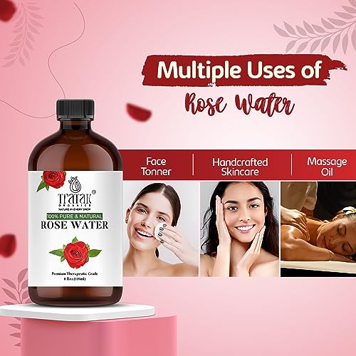 Rose Water 4 fl oz (118 ml) Organic Refreshing Rose Water Spray for Face & Skin Hydration, Pure Rosewater for Hair & Makeup Setting Spray, Reduce Eye Puffiness, Dark Circles & Redness, Huge 4 oz