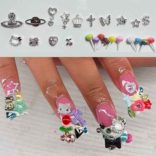 80Pcs Silver Nail Charms Set with Pink Hearts£¬Crosses, Stars,Butterflies, Dollars, Cherries, Crowns,Lollipop Y2k Nail Gems for Women Girls Nail Decorations DIY Craft