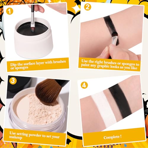 Halloween Makeup Kit for Adult Kids, Black White Red Face Paint for Zombie Skeleton Clown Makeup with 4 Brushes, 2 Sponges, 6 Tattoos, Oil-based Face Painting Kit for Halloween Costume, Theme Cosplay
