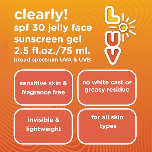 L-UV clearly! SPF 30 Jelly Face Sunscreen, Invisible & Lightweight, Broad-Spectrum UVA/UVB Protection, Sensitive Skin Safe, Fragrance-Free, Hydrating with Ceramides & Pomegranate Seed Oil, 2.5 Fl Oz