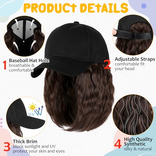 Baseball Hat Wig with 16'' Wavy Curly Hair Extensions - Adjustable Black Cap