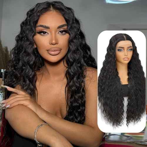 30 Inch Long Curly Synthetic Hair Wigs for Balck Women,13x4x1 Deep Water Wave Lace Front Wig,Simulated Scalp Natural Loose Deep Wave Crimps Curly Wig As Hair Replacement Wigs