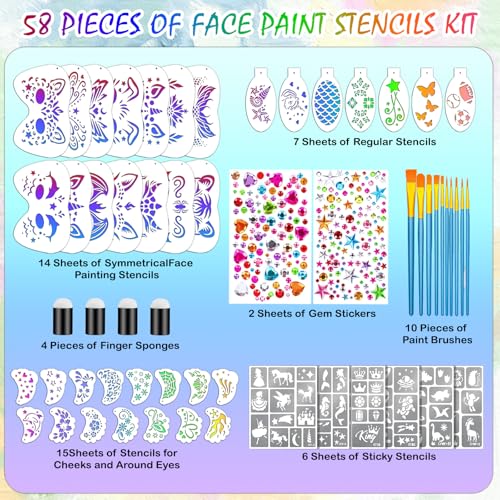 58PCS Face Paint Stencils Kit Includes 36 Reusable Facial Painting Stencils, 6 Sheets Tattoo Templates Stickers, 10 Brushes, 2 Pack Adhesive Gems, 4 Sponge for Halloween Festival Party Makeup