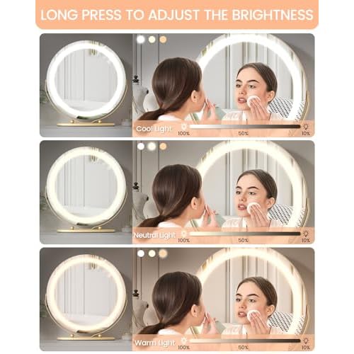 Vanity Mirror with Led Lights, 19 Inches Touch Control 3 Color 2024 New Dimmable Makeup Mirror, 360¡ÆRotation Round Desk Mirror, Easy to Assemble (Gold)