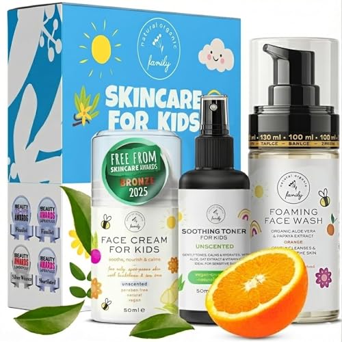 Skincare Set for Kids - Gentle Facial Wash, Unscented Soothing Toner and Cream - Natural Skin Care for Boys and Girls with Aloe Vera and Vitamin C - Vegan, Paraben-Free - Award-Winning - Ages 6-12