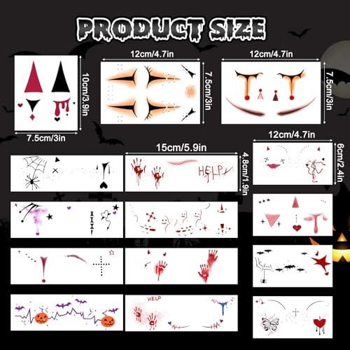 Halloween Face Tattoos Stickers - 15 Sheets Temporary Tattoos