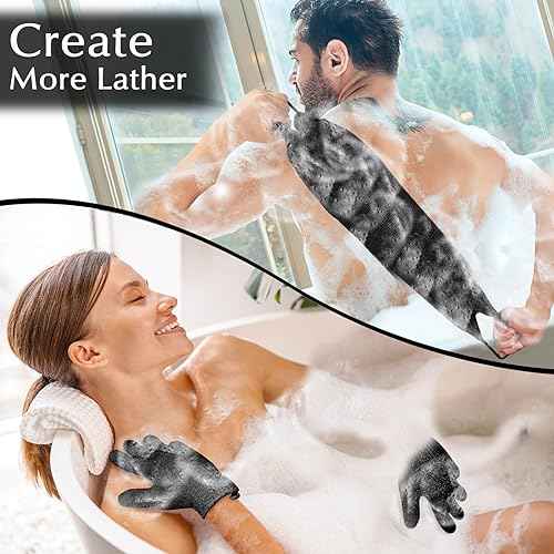 Anezus Exfoliating Back Scrubber Bath Gloves Set, Exfoliating Shower Towel with Shower Gloves for Body Scrub, Back Cleaner Wash Gloves to Remove Dead Skin (Black)